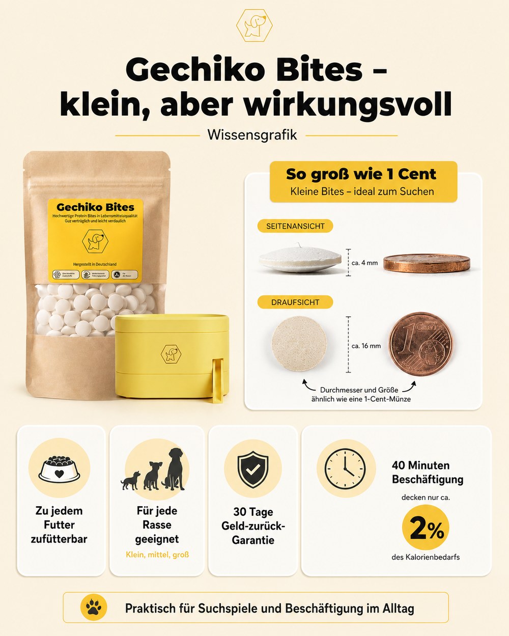 Gechiko Bites im Größenvergleich mit einer 1-Cent-Münze: 16 mm Durchmesser, 4 mm hoch