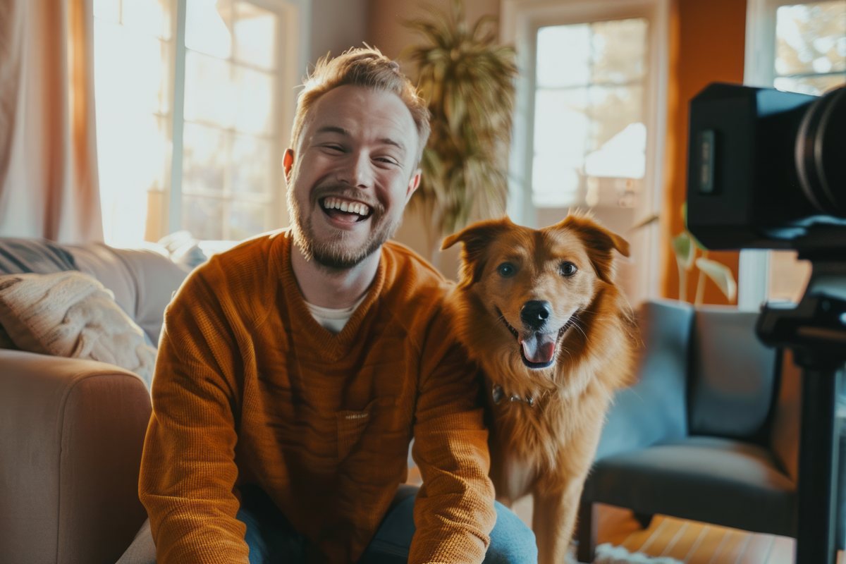 Creator nimmt mit seinem Golden Retriever ein Video auf