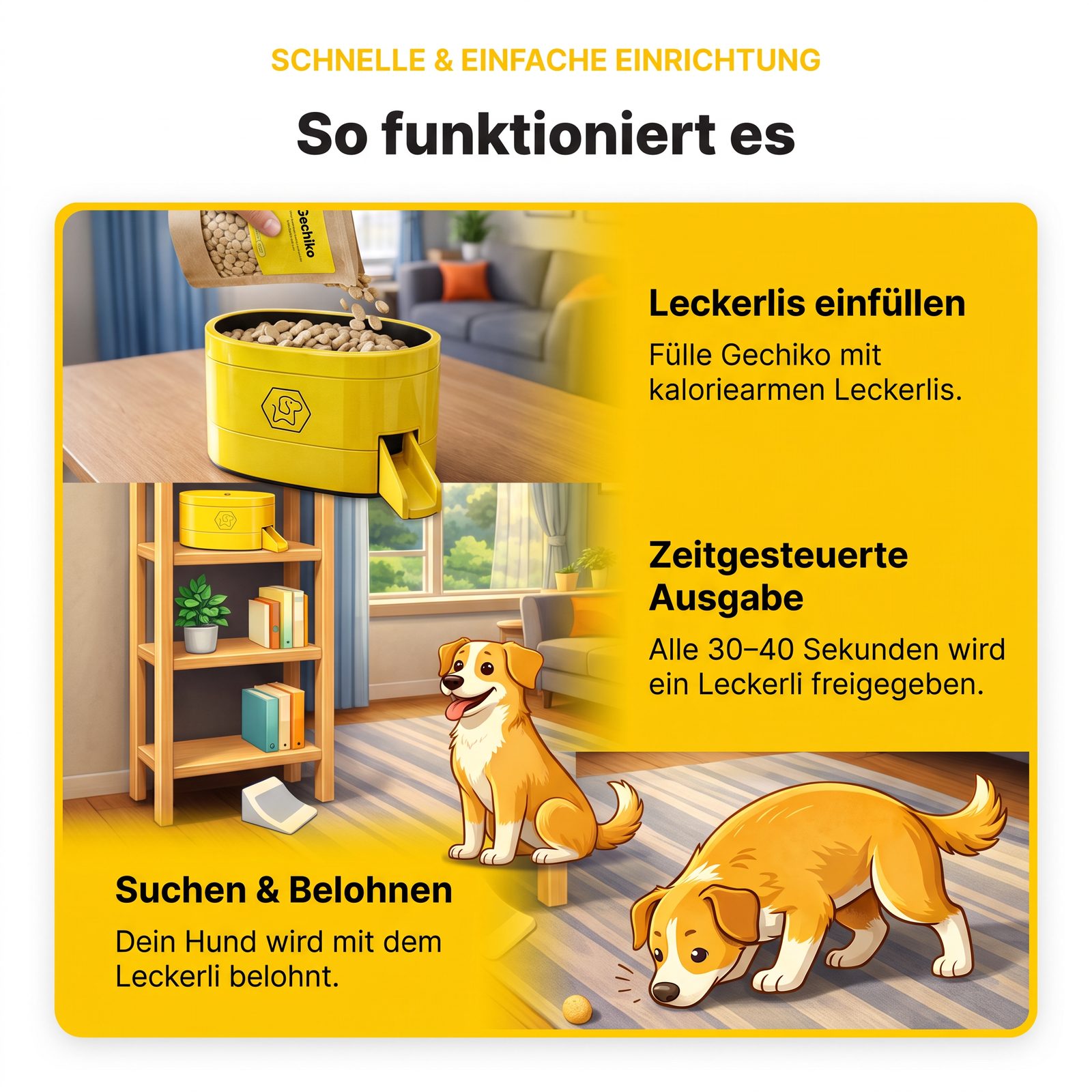 So funktioniert Gechiko – Leckerli rollt, Hund sucht